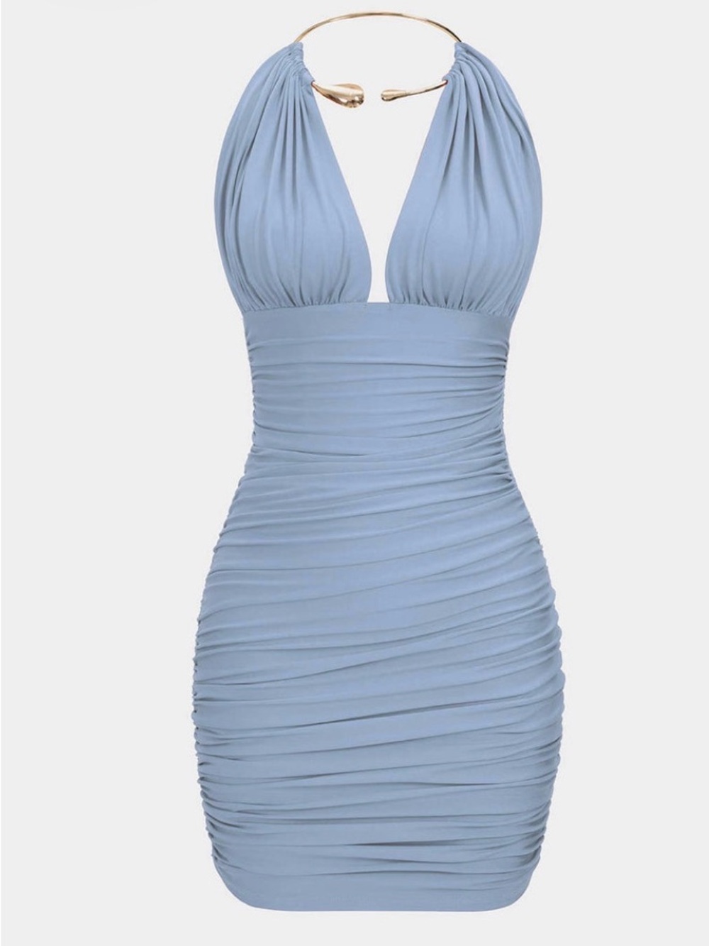 Light Blue Backless Ruched Halter Bodycon Dress